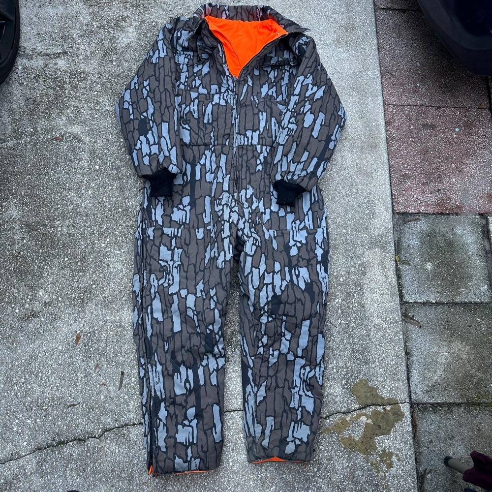 Vintage 80s 90s Trebark Camo Reversible Blaze Orange Insulated Hunting Coveralls